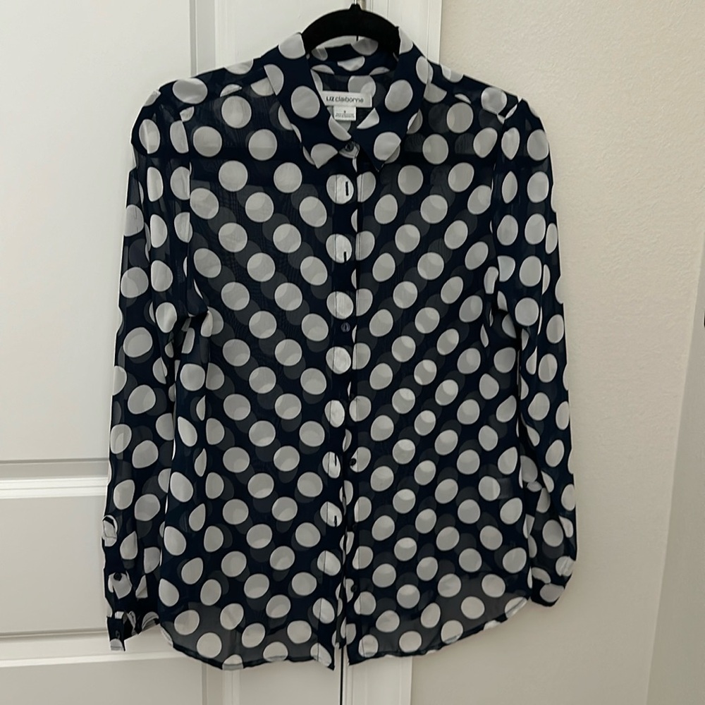 Liz Claiborne navy and white polka dot  shirt size S